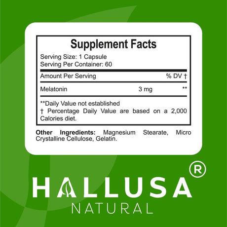 MELATONIN - Melatonin 3 Mg 60 Cap - Sleep Supplement - Dietary Supplement Restful Sleep - Deep Sleep - Relaxation - Focus Factor - Hallusa Natural