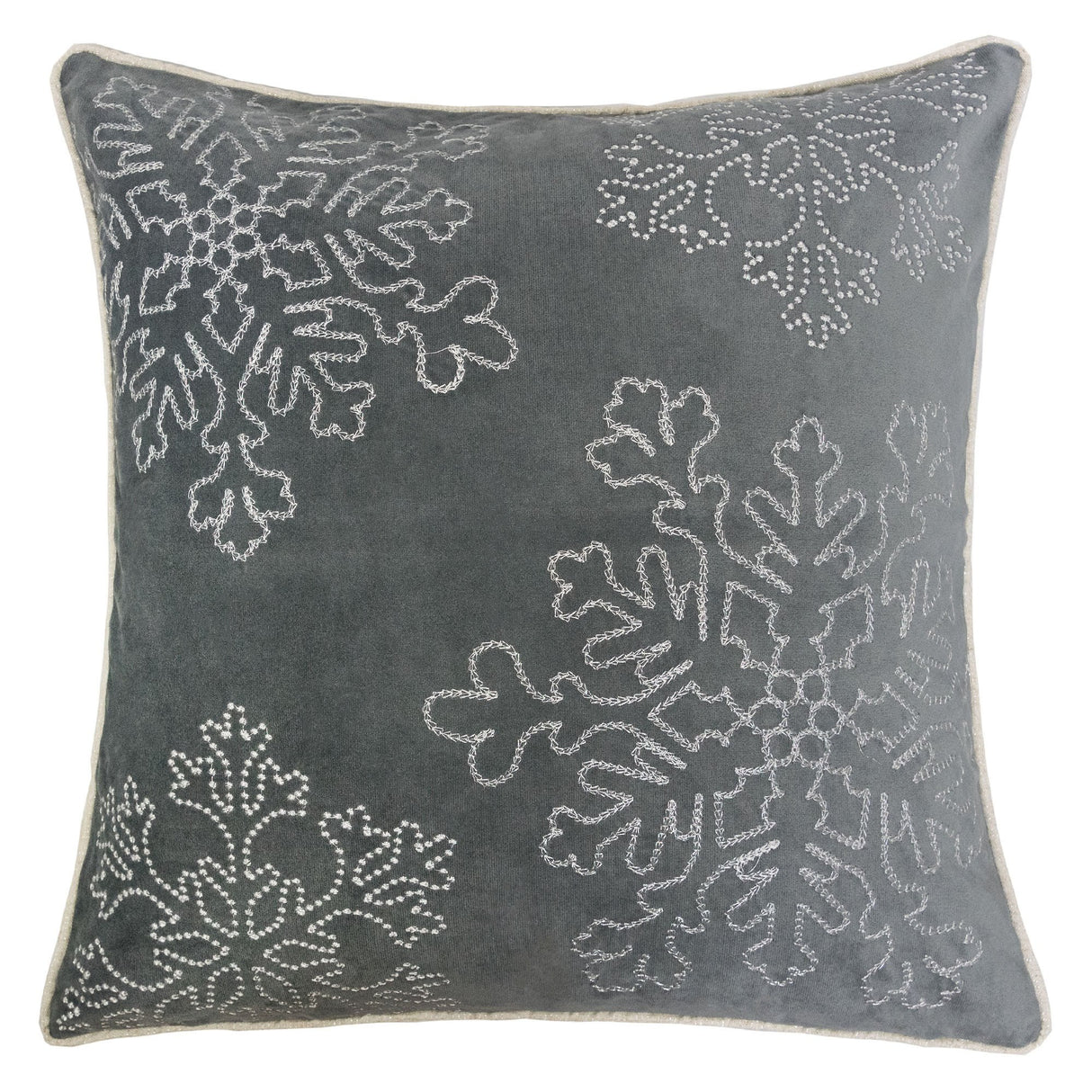Gray Velvet Holiday Throw Pillow With Silver Snowflake Embroidery
