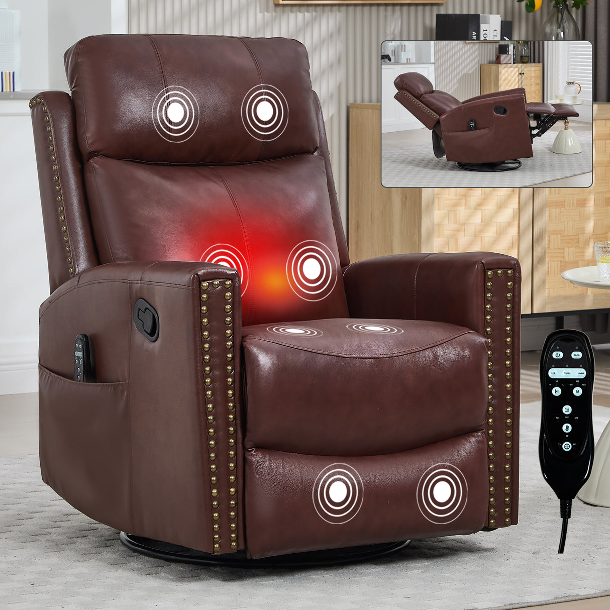 Red Genuine Leather Heated Massage Manual Recliner Chair