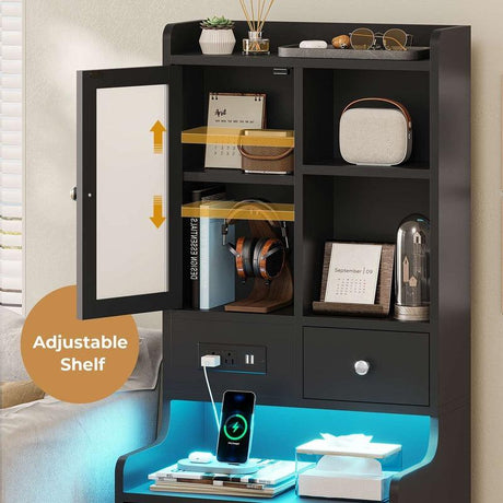 Sikaic LED Tall Nightstand with Charging Station Drawers Shelves Glass Door Storage