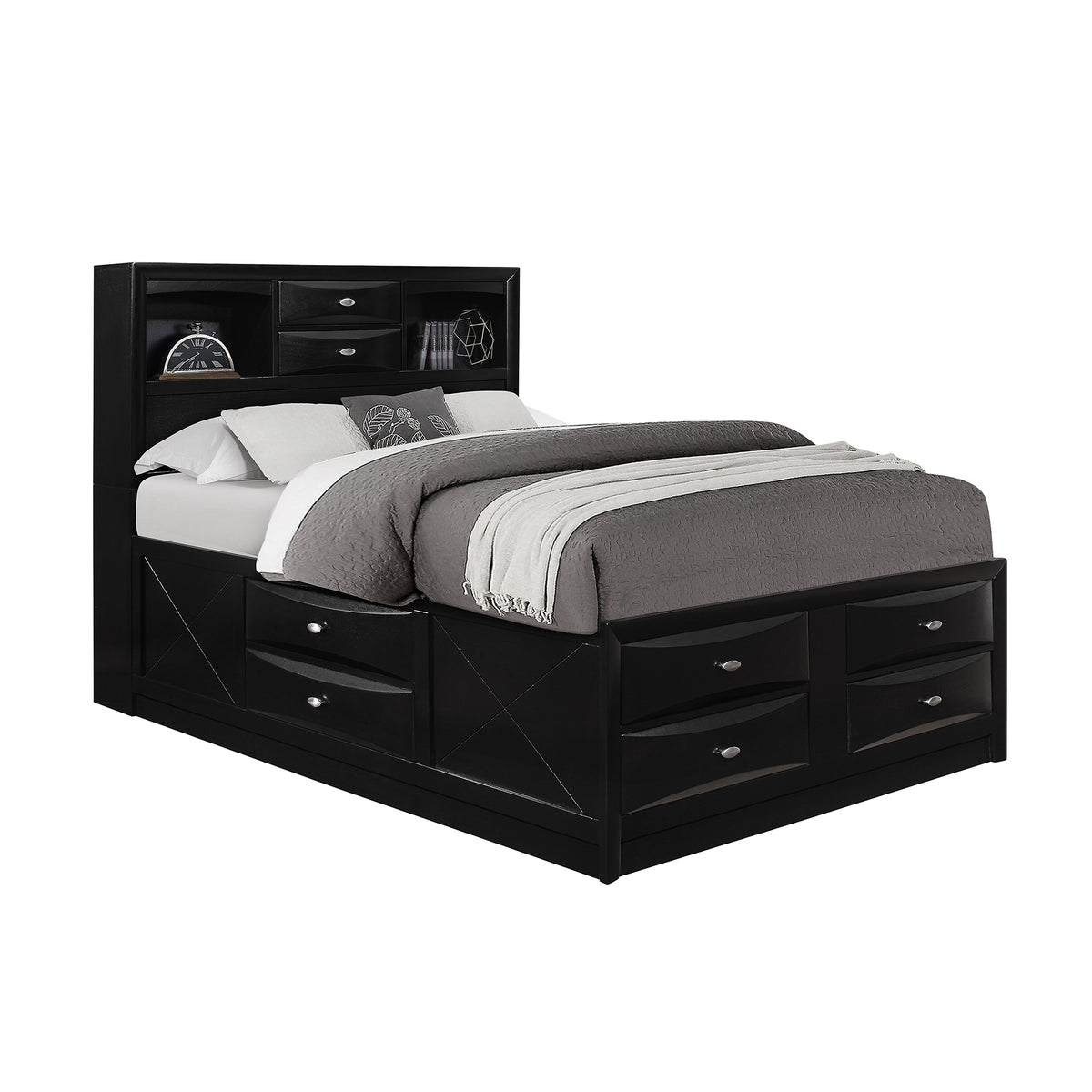 Queen Modern Wood Bookcase Bed Frame With Storage Drawers