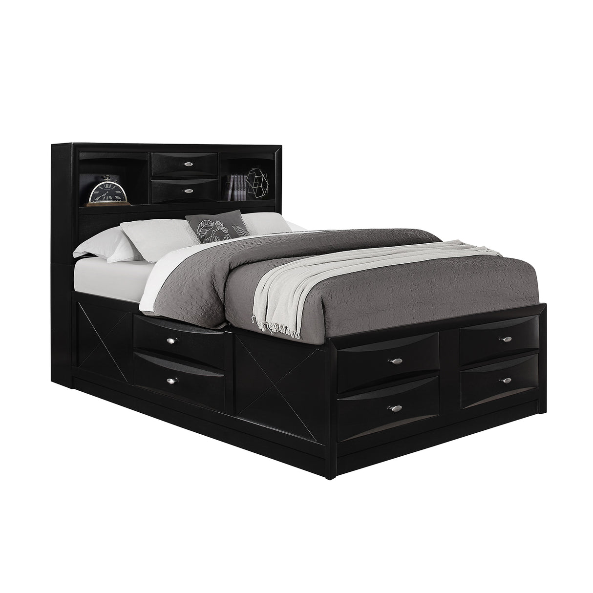 Queen Modern Wood Bookcase Bed Frame With Storage Drawers
