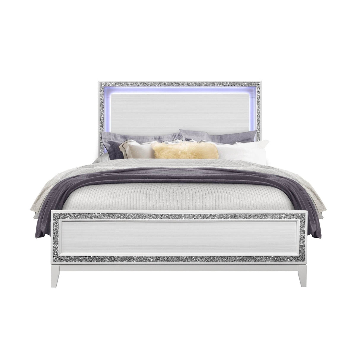 Queen Transitional Glam Panel Bed With Crushed Crystal Accent
