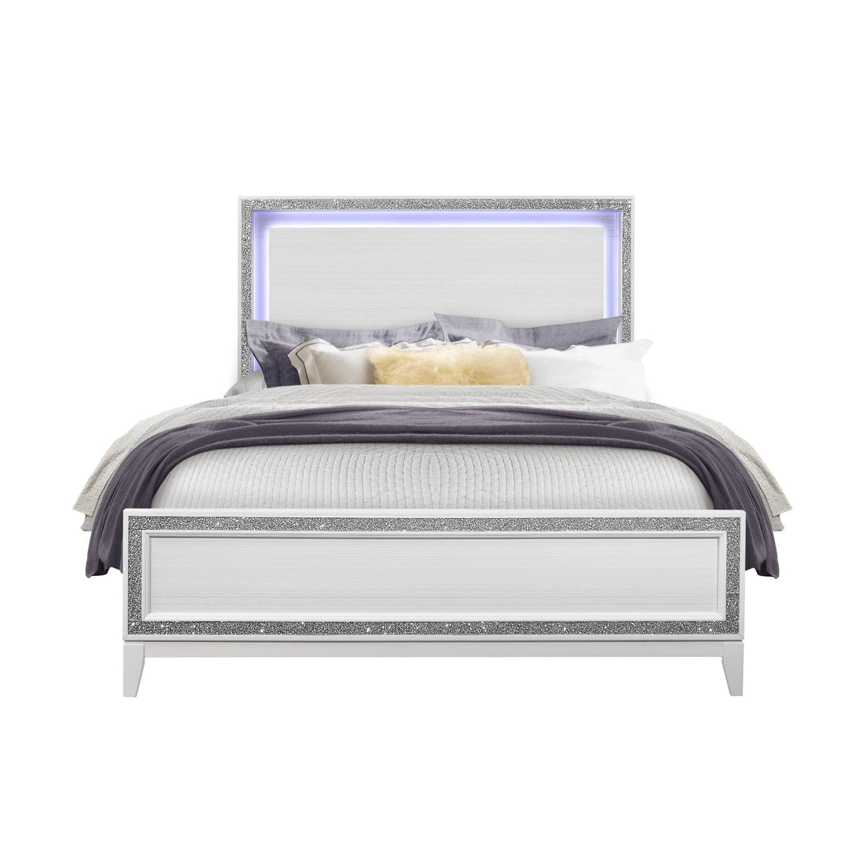 Queen Transitional Glam Panel Bed With Crushed Crystal Accent