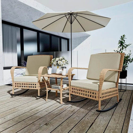 3-Piece Outdoor Rattan Rocking Chair Set With Cushions - Sleep Galleria