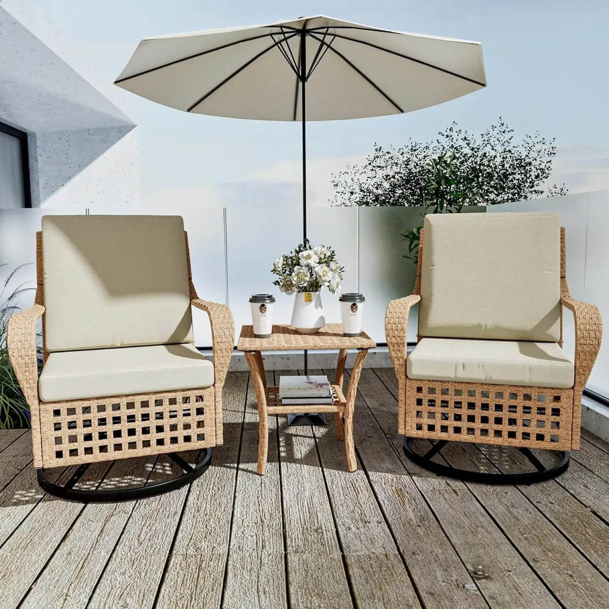 3-Piece Outdoor Rattan Rocking Chair Set With Cushions - Sleep Galleria