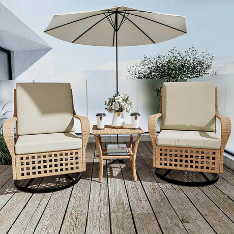 3-Piece Outdoor Rattan Rocking Chair Set With Cushions - Sleep Galleria