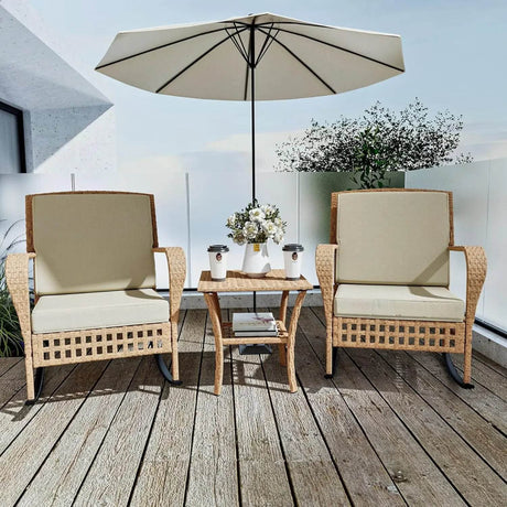 3-Piece Outdoor Rattan Rocking Chair Set With Cushions - Sleep Galleria