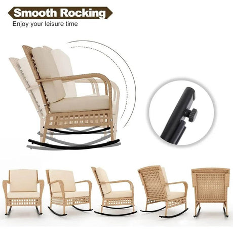 3-Piece Outdoor Rattan Rocking Chair Set With Cushions - Sleep Galleria
