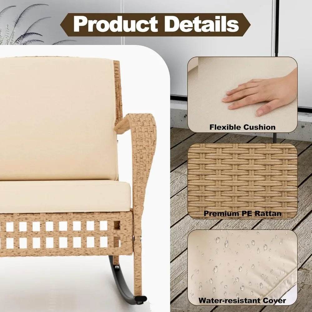 3-Piece Outdoor Rattan Rocking Chair Set With Cushions - Sleep Galleria