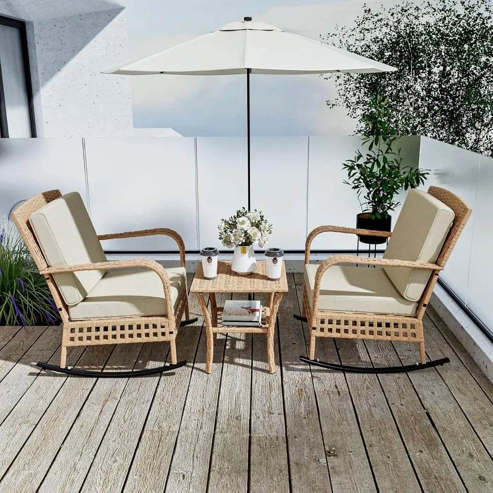 3-Piece Outdoor Rattan Rocking Chair Set With Cushions - Sleep Galleria