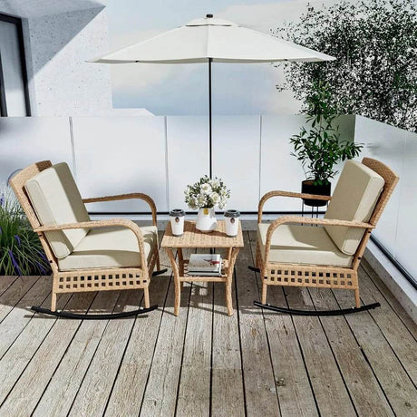 3-Piece Outdoor Rattan Rocking Chair Set With Cushions - Sleep Galleria