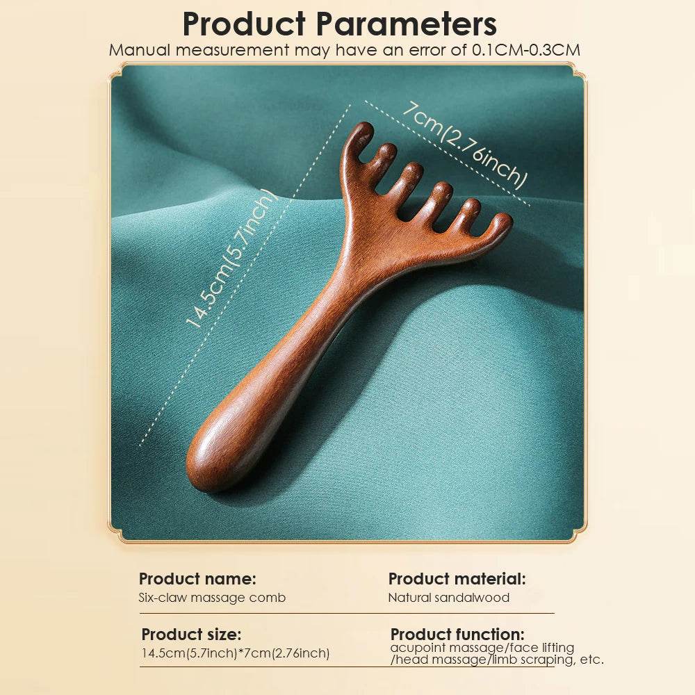 Natural Sandalwood Six - Claw Meridian Massage Comb - Hailicare - Sleep Galleria
