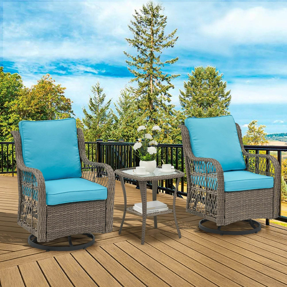 3-Piece Outdoor Rattan Wicker Swivel Rocking Chair Set - Sleep Galleria
