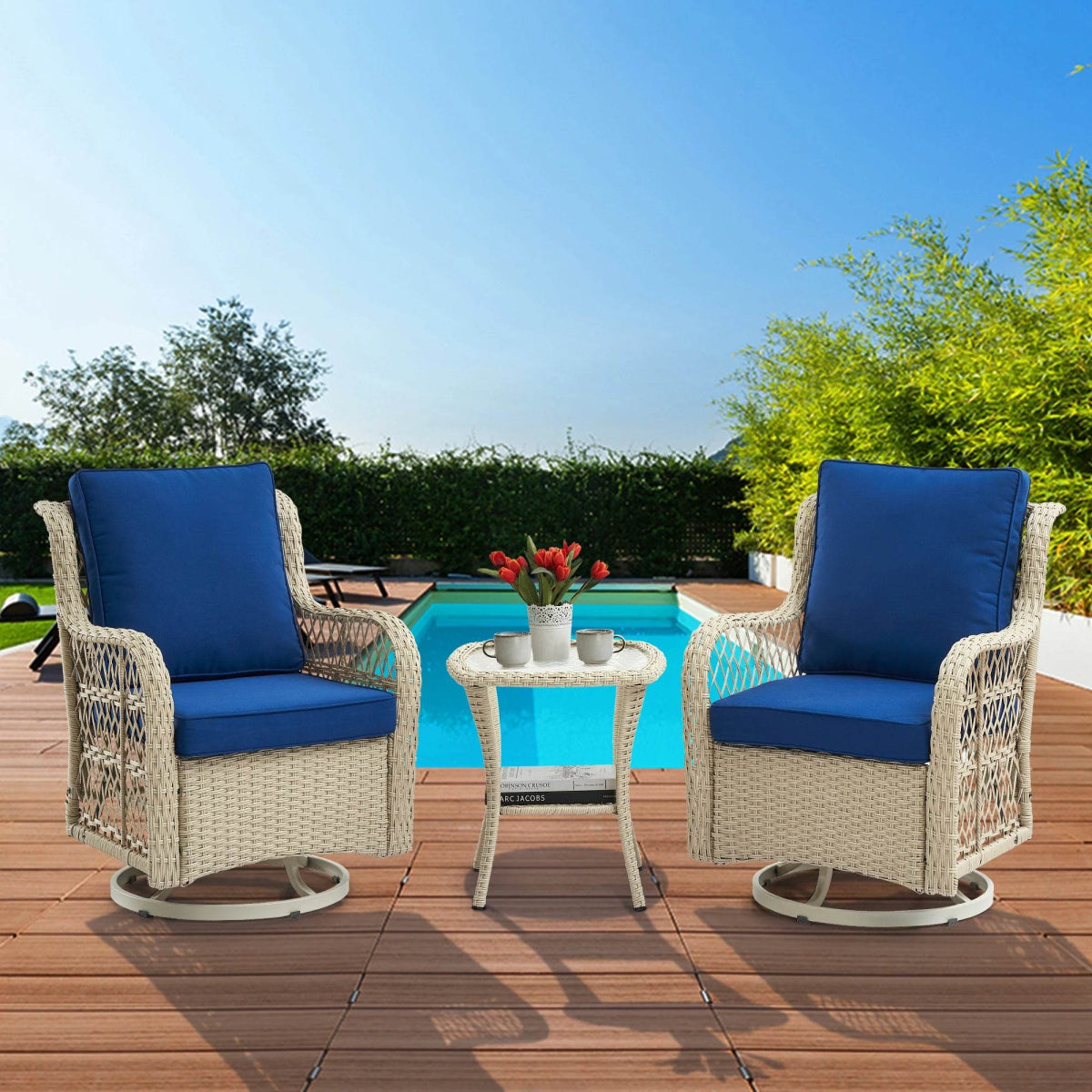 3-Piece Outdoor Rattan Wicker Swivel Rocking Chair Set - Sleep Galleria