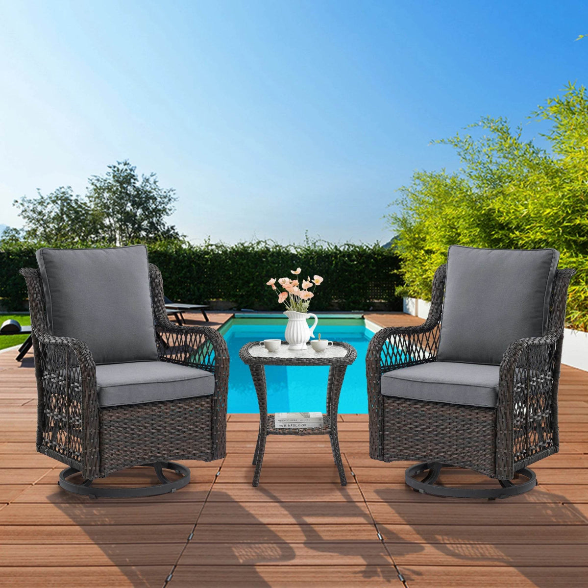 3-Piece Outdoor Rattan Wicker Swivel Rocking Chair Set - Sleep Galleria