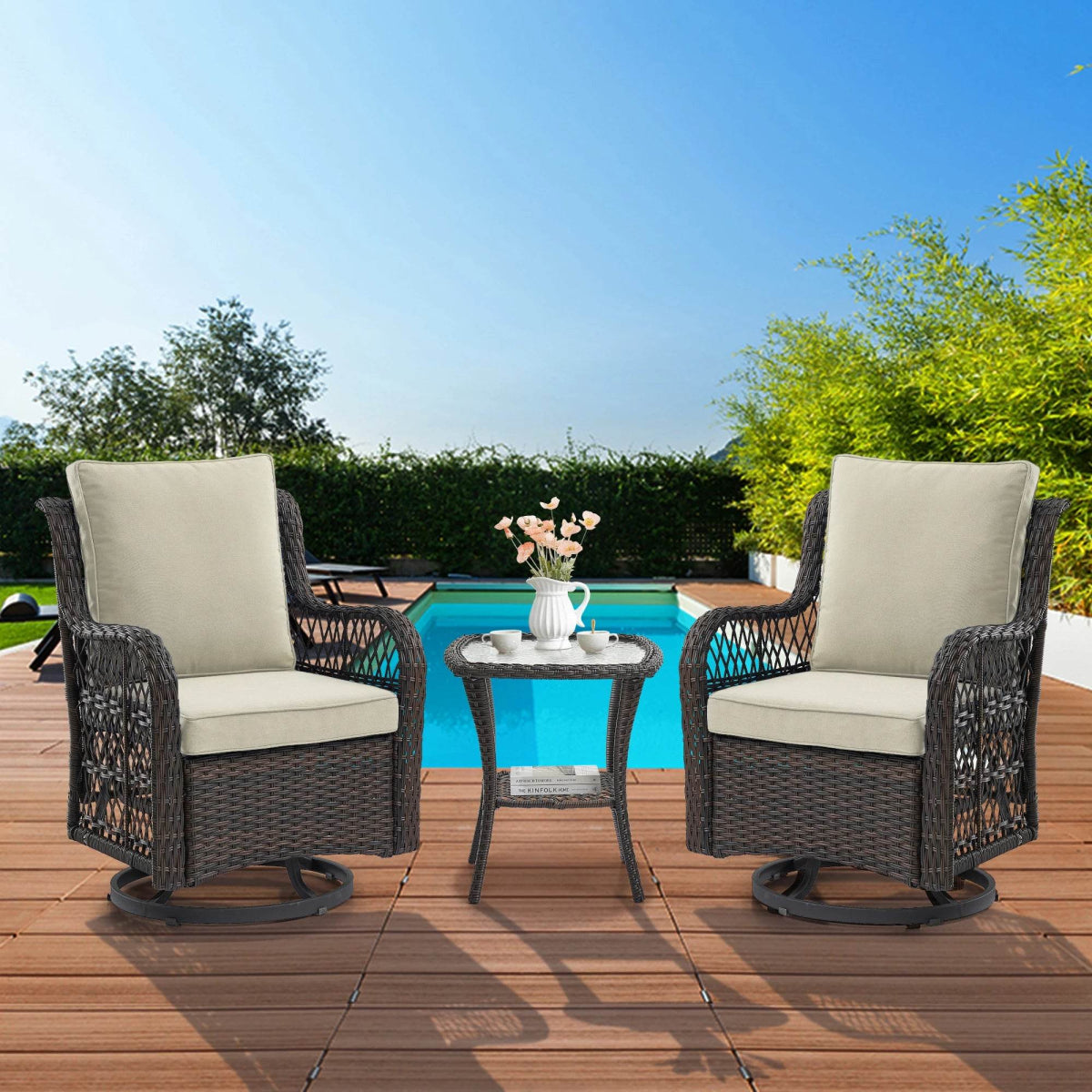 3-Piece Outdoor Rattan Wicker Swivel Rocking Chair Set - Sleep Galleria