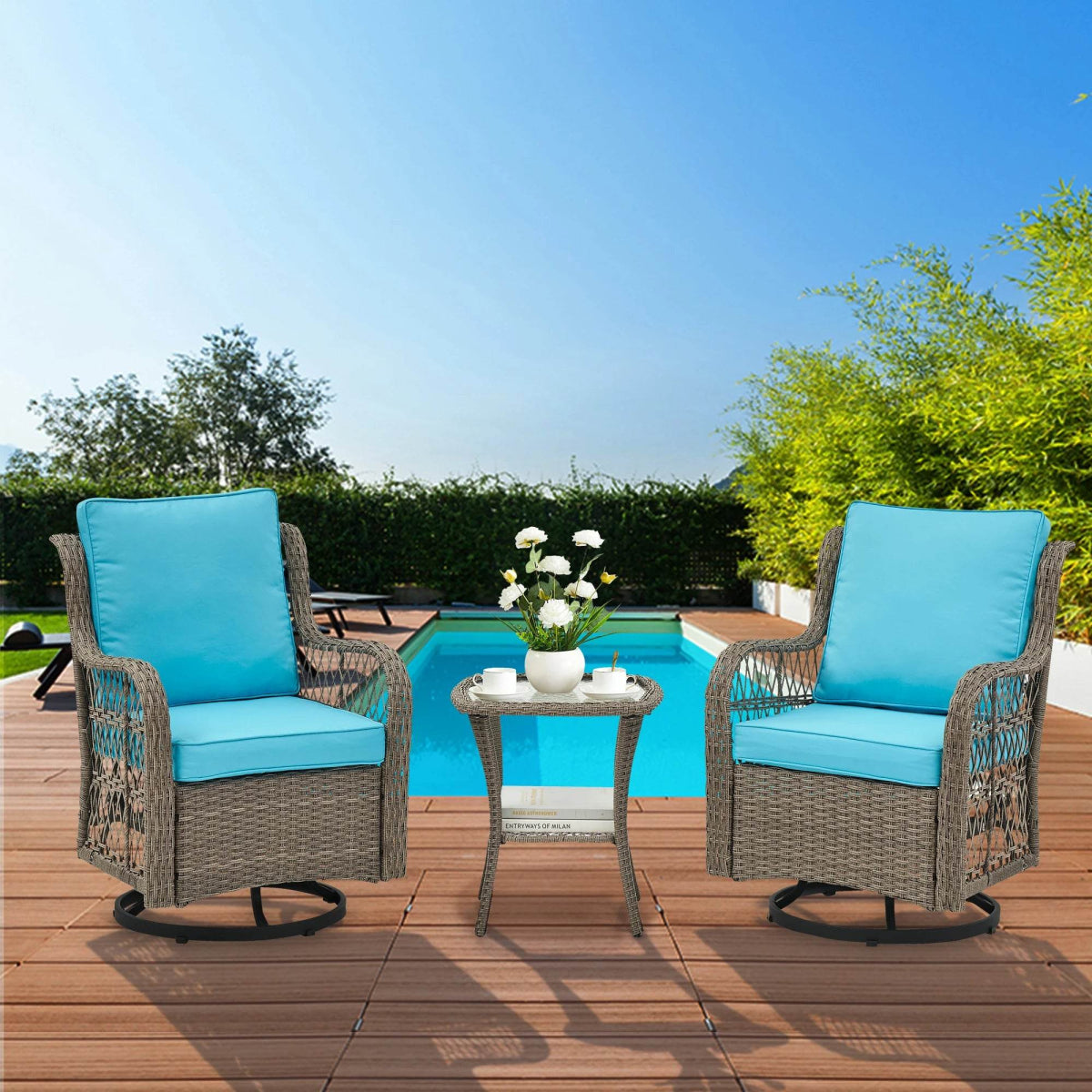 3-Piece Outdoor Rattan Wicker Swivel Rocking Chair Set - Sleep Galleria