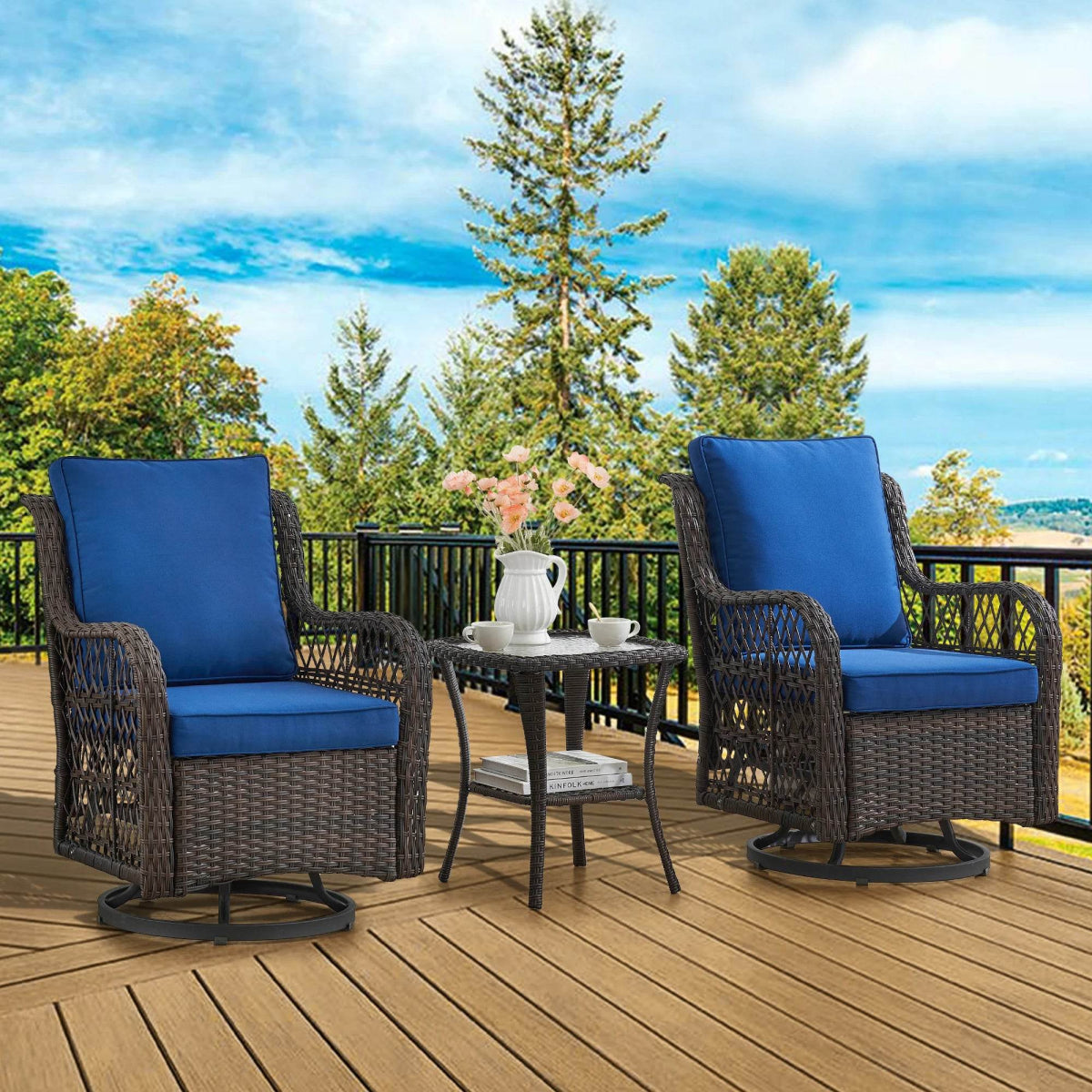 3-Piece Outdoor Rattan Wicker Swivel Rocking Chair Set - Sleep Galleria