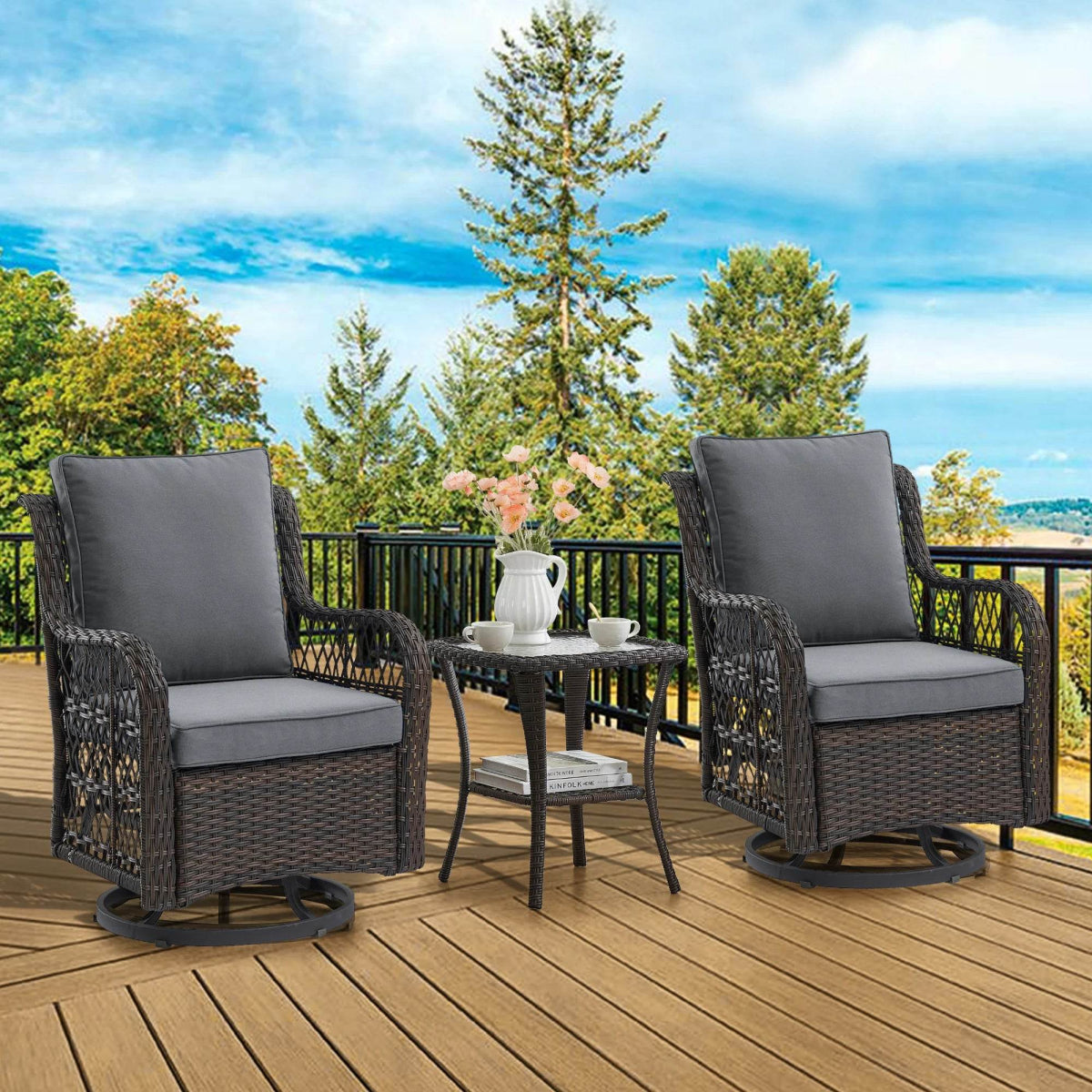 3-Piece Outdoor Rattan Wicker Swivel Rocking Chair Set - Sleep Galleria