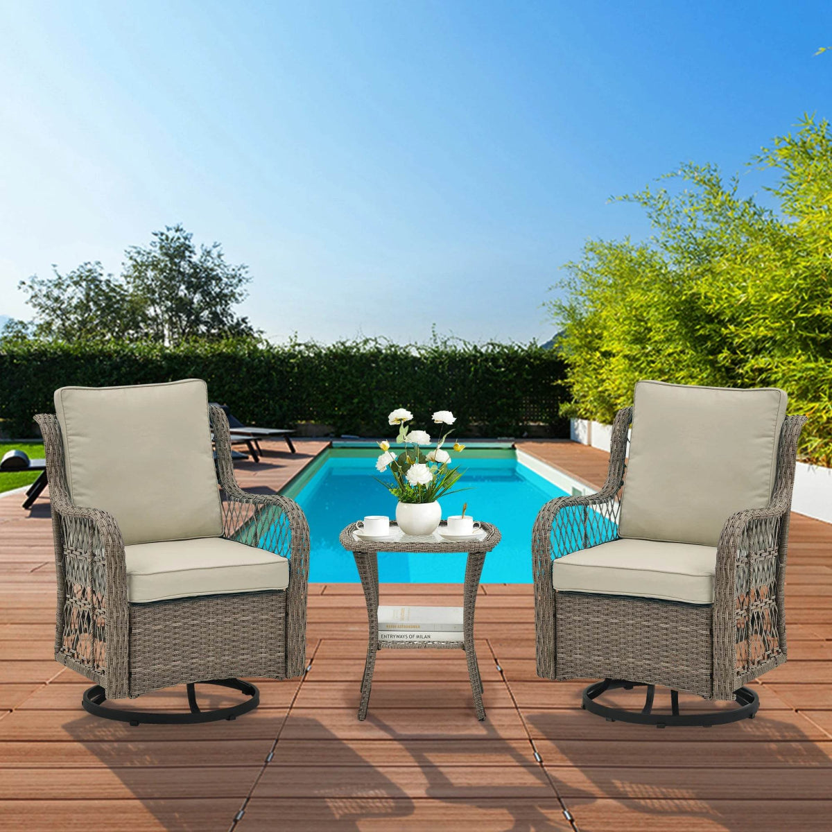 3-Piece Outdoor Rattan Wicker Swivel Rocking Chair Set - Sleep Galleria