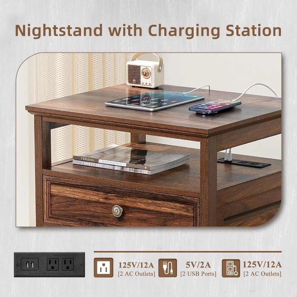 Farmhouse Wood Nightstand With Charging Station - HUANZHUANG - Sleep Galleria