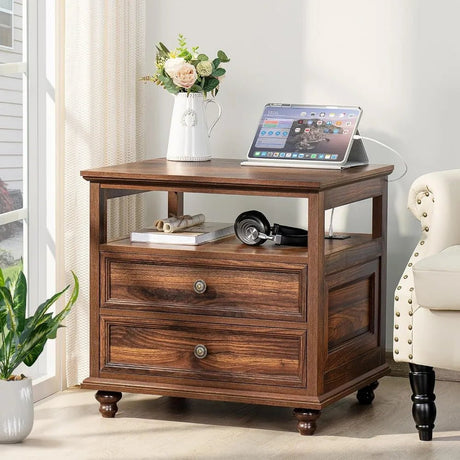 Farmhouse Wood Nightstand With Charging Station - HUANZHUANG - Sleep Galleria