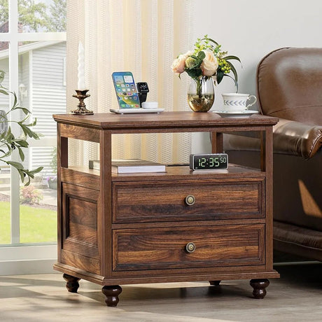 Farmhouse Wood Nightstand With Charging Station - HUANZHUANG - Sleep Galleria
