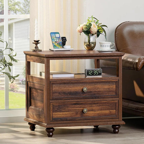 Farmhouse Wood Nightstand With Charging Station - HUANZHUANG - Sleep Galleria