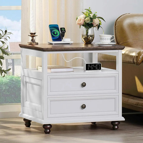 Farmhouse Wood Nightstand With Charging Station - HUANZHUANG - Sleep Galleria