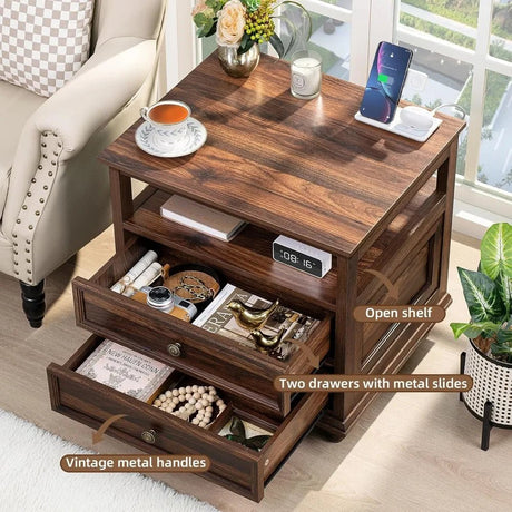 Farmhouse Wood Nightstand With Charging Station - HUANZHUANG - Sleep Galleria