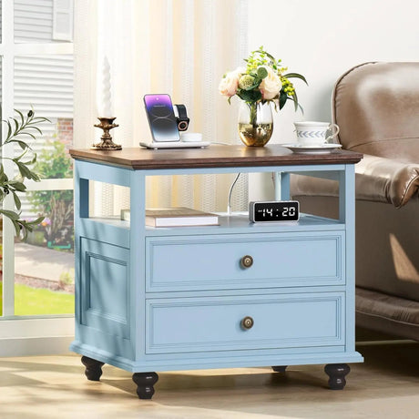 Farmhouse Wood Nightstand With Charging Station - HUANZHUANG - Sleep Galleria