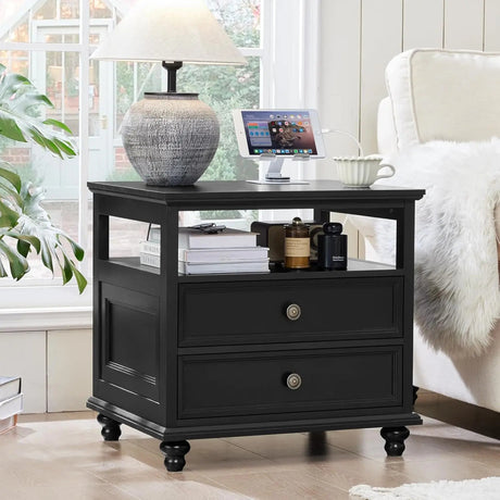 Farmhouse Wood Nightstand With Charging Station - HUANZHUANG - Sleep Galleria