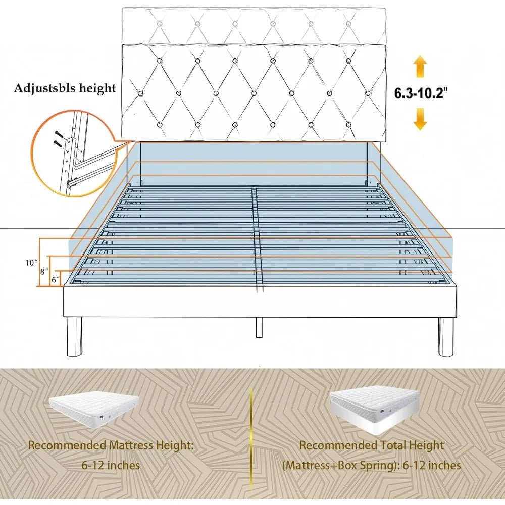 Velvet Upholstered Queen Platform Bed Frame With Headboard - HUANZHUANG - Sleep Galleria