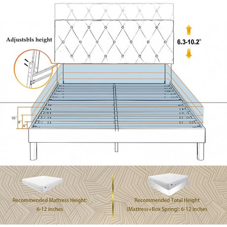 Velvet Upholstered Queen Platform Bed Frame With Headboard - HUANZHUANG - Sleep Galleria