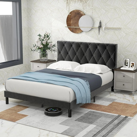 Velvet Upholstered Queen Platform Bed Frame With Headboard - HUANZHUANG - Sleep Galleria