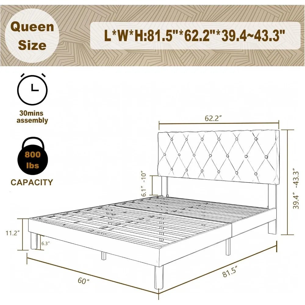 Velvet Upholstered Queen Platform Bed Frame With Headboard - HUANZHUANG - Sleep Galleria