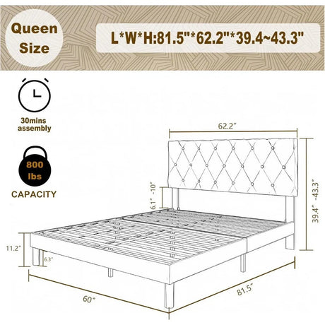 Velvet Upholstered Queen Platform Bed Frame With Headboard - HUANZHUANG - Sleep Galleria