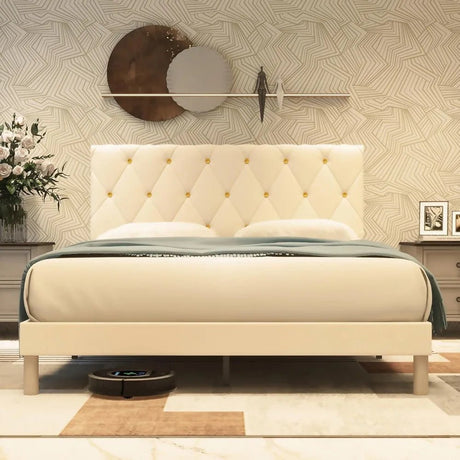 Velvet Upholstered Queen Platform Bed Frame With Headboard - HUANZHUANG - Sleep Galleria