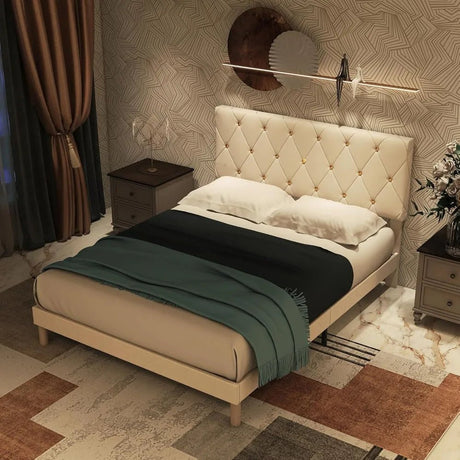 Velvet Upholstered Queen Platform Bed Frame With Headboard - HUANZHUANG - Sleep Galleria