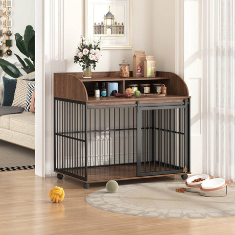 Furniture-Style Brown Engineered Wood Dog Crate With Wheels - Sleep Galleria