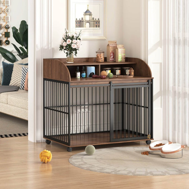 Furniture-Style Brown Engineered Wood Dog Crate With Wheels - Sleep Galleria