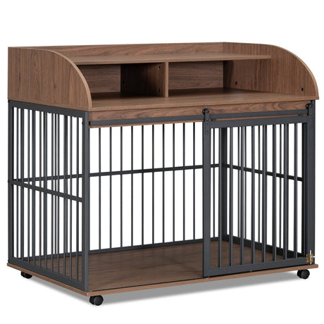 Furniture-Style Brown Engineered Wood Dog Crate With Wheels - Sleep Galleria