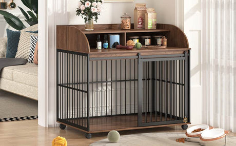 Furniture-Style Brown Engineered Wood Dog Crate With Wheels - Sleep Galleria