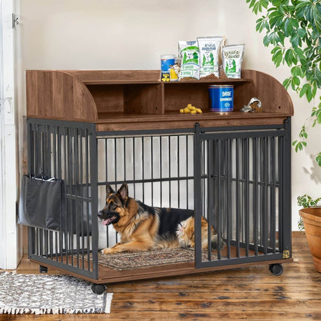 Furniture-Style Brown Engineered Wood Dog Crate With Wheels - Sleep Galleria