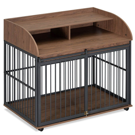 Furniture-Style Brown Engineered Wood Dog Crate With Wheels - Sleep Galleria