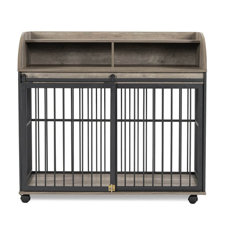 Furniture-Style Gray Engineered Wood Dog Crate With Wheels - Sleep Galleria