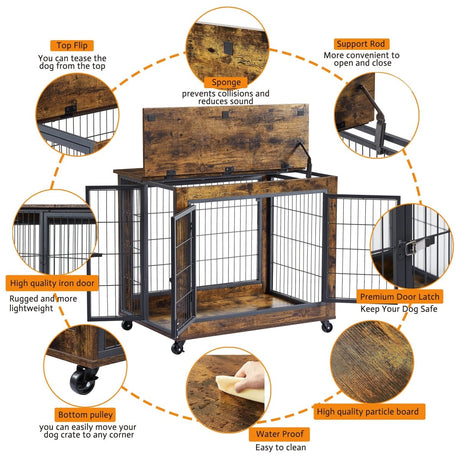 Rustic Brown Furniture Dog Crate With Rolling Casters - Sleep Galleria