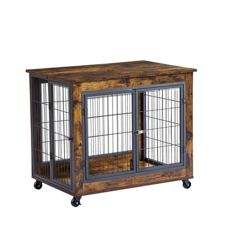 Rustic Brown Furniture Dog Crate With Rolling Casters - Sleep Galleria