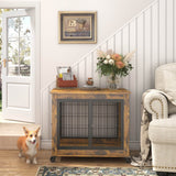 Rustic Brown Furniture Dog Crate With Rolling Casters - Sleep Galleria